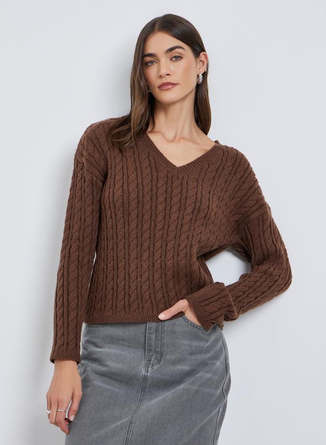 Styli Brown V Neck Cable Knit Sweater - Image 3