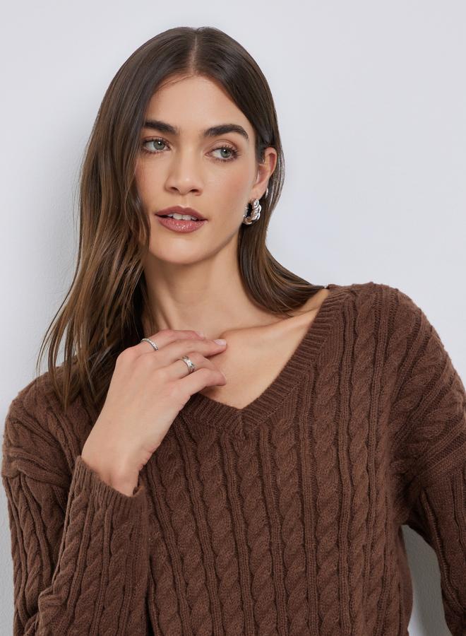 Styli Brown V Neck Cable Knit Sweater - Image 4
