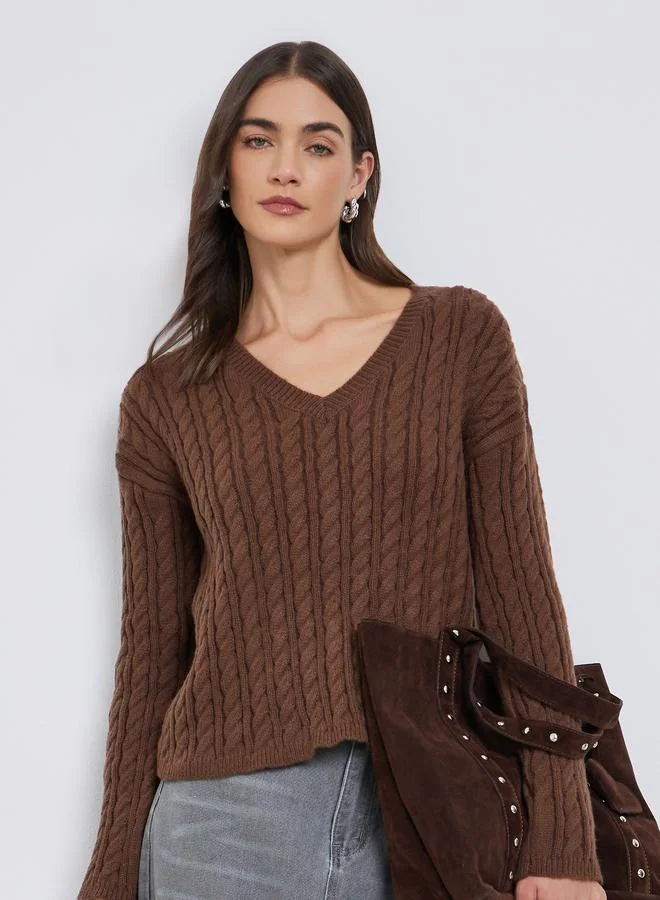 Styli Brown V Neck Cable Knit Sweater
