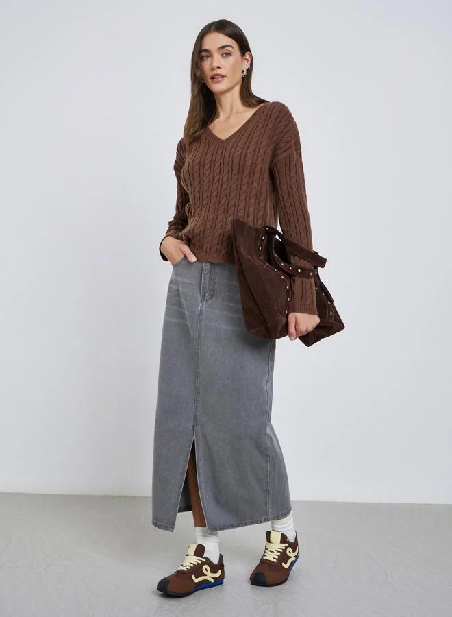 Styli Styli Brown V Neck Cable Knit Sweater