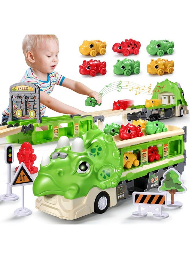 Arabest Dinosaur Toy Car-Foldable 117cm Track with Launcher, Lights&Sounds, Safe ABS Plastic, Dual-Layer Storage,Includes 6 Mini Cars&12 Road Signs-Ideal Racing Playset for Kids Ages 3+ (Green) - Image 1