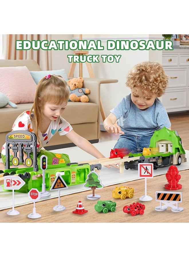 Arabest Dinosaur Toy Car-Foldable 117cm Track with Launcher, Lights&Sounds, Safe ABS Plastic, Dual-Layer Storage,Includes 6 Mini Cars&12 Road Signs-Ideal Racing Playset for Kids Ages 3+ (Green) - Image 2