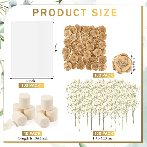 Fuyoooo 100 Set Wedding Invitations Wraps Set Pre Folded Vellum Jackets for 5 x 7 Invitations Self Adhesive Wax Seal Stickers Dried Babys Breath Chiffon Silk Ribbon Classic StyleBeigeGold - Image 3