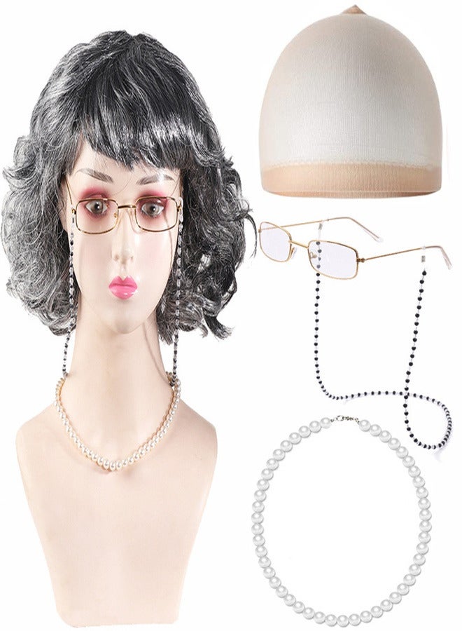 Old Lady Wig Costume for Women 5 PCS Old Lady Custume Set Grandmother Wig Granny Glasses Wig Caps Eyeglass Retainer Chain Pearl Necklace 