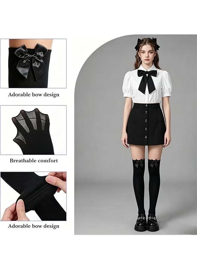 2 Pairs Women's Bow Knee High Socks - Cute Ribbon Over-the-Calf Socks - Solid Color Lolita Style Socks for Cosplay School Uniforms and Daily Matching (Black + White) - Image 3