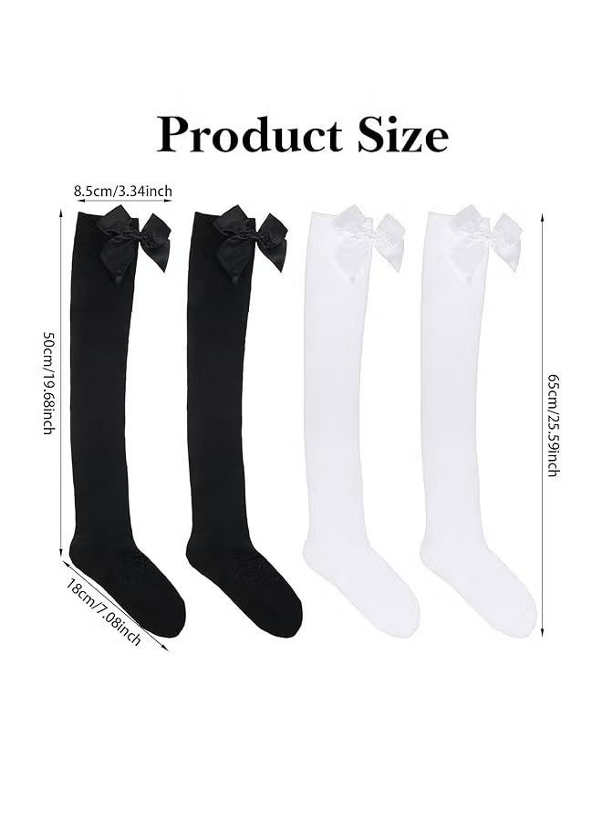 2 Pairs Women's Bow Knee High Socks - Cute Ribbon Over-the-Calf Socks - Solid Color Lolita Style Socks for Cosplay School Uniforms and Daily Matching (Black + White) - Image 2