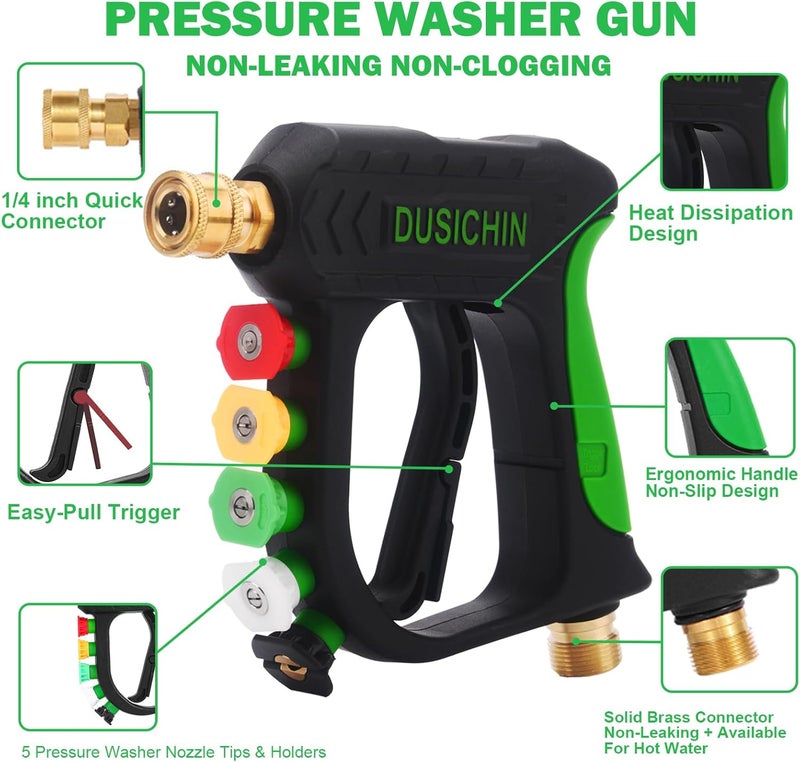 DUSICHIN بندقية غسيل بالضغط قصيرة من DUSICHIN، مجموعة غسيل سيارات، موصل سريع قطر 1/4 بوصة، مقبض أخضر، موصلات M22-14 مم وM22-15 مم، 5 رؤوس رش DUS2701 - Image 5