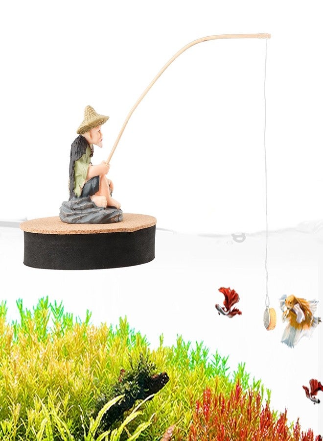 WeiLingBo Resin Fisherman Aquarium Decor with Realistic Mini Fishing Rod, Sitting Fishing Figurines Floating Fish Tank Decorations, Fun Fish Feeder Aquarium Ornaments(Style 1) - Image 1