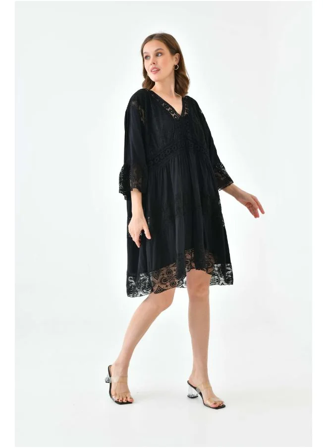 Hoxton Gal Lace Detail V-Neck Mini Dress with 3/4 Sleeves in Black