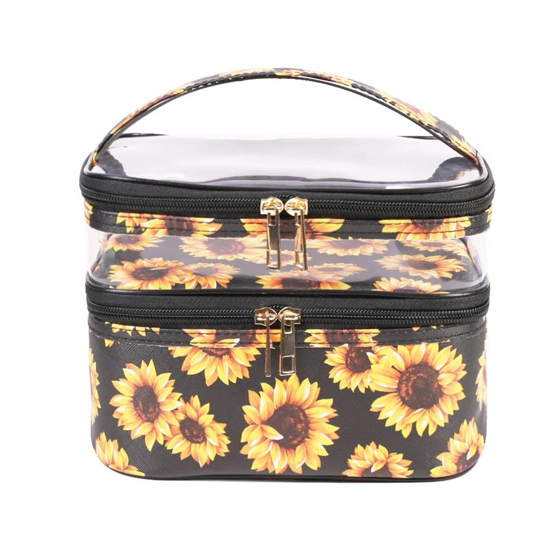 FITINI Makeup Bags Double Layer Travel Storage Large Cosmetic Cases Makeup Organizer Toiletry Bags Waterresistant for Women Makeup Brush BagSunflower - Image 2