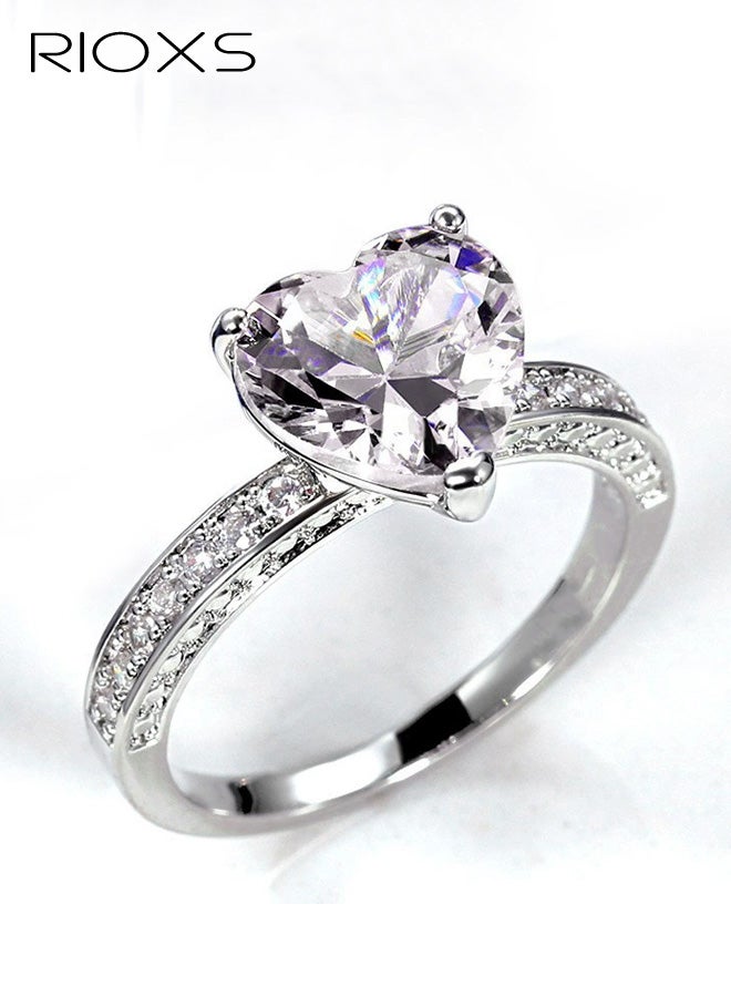 Heart Cut Cubic Zirconia Promise Rings for Women, Crystal Love Heart Wedding Statement Eternity Ring, Silver Plated Luxury Jewelry for Wedding Engagement Cocktail