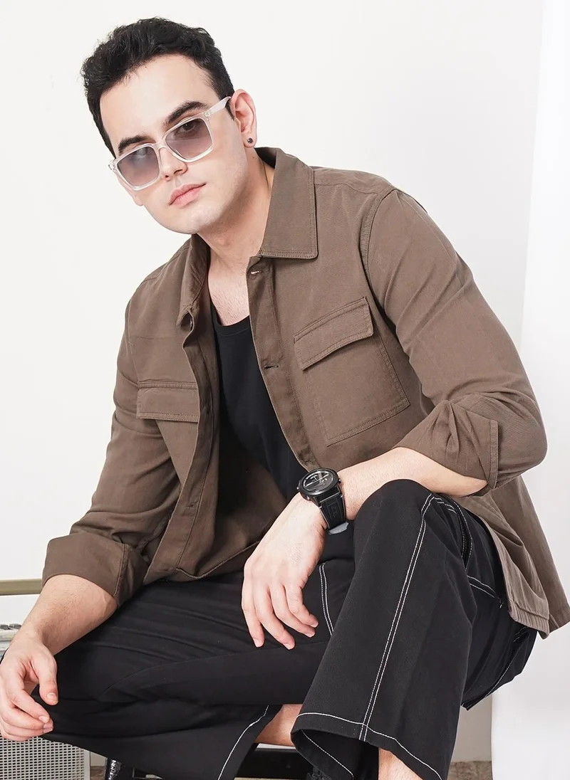 شركة المرآب الهندية Men Slim Fit Solid Full Sleeves Cutaway Collar Casual Over Shirt