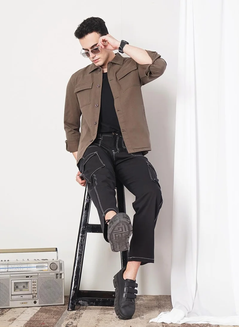 شركة المرآب الهندية Men Slim Fit Solid Full Sleeves Cutaway Collar Casual Over Shirt