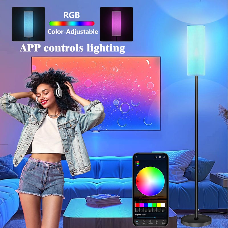 Qaubauyt Smart LED Floor Lamp with APP Control & RGB Colors - Dimmable Standing Lamp for Living Room, Bedroom, Gaming - Remote, Timer, 9W Bulb Included, 67" Modern Tall Lamp (black pole + white shade) - Image 4