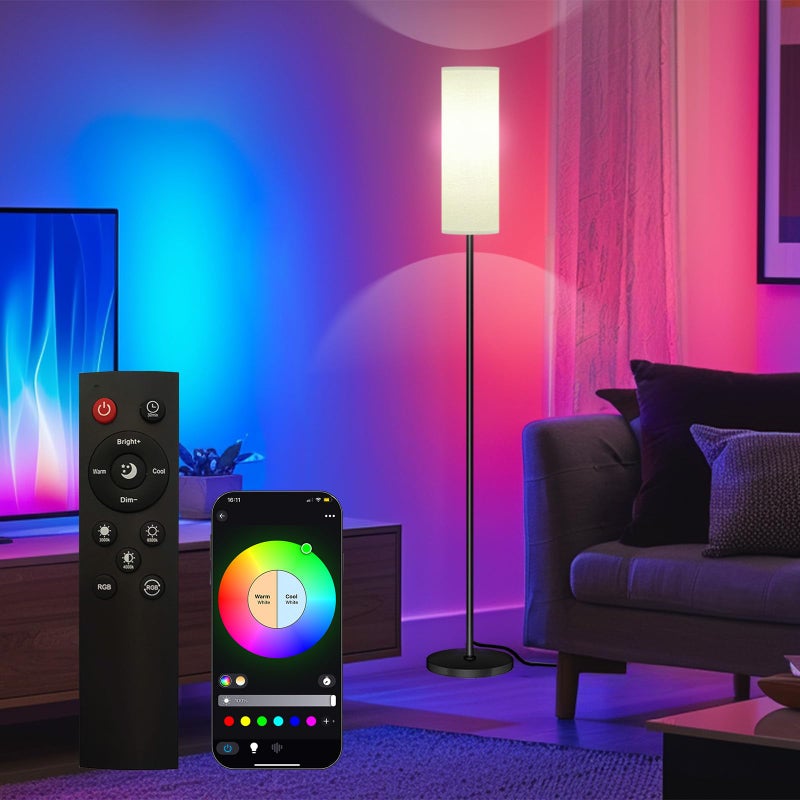 Qaubauyt Smart LED Floor Lamp with APP Control & RGB Colors - Dimmable Standing Lamp for Living Room, Bedroom, Gaming - Remote, Timer, 9W Bulb Included, 67" Modern Tall Lamp (black pole + white shade) - Image 1