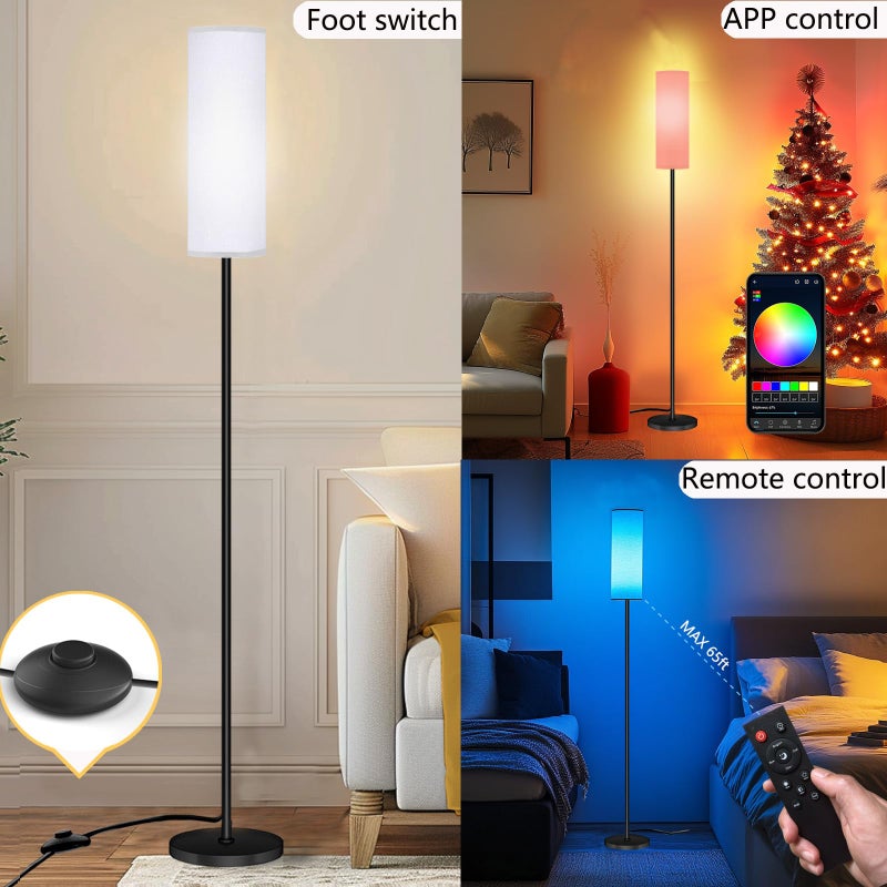 Qaubauyt Smart LED Floor Lamp with APP Control & RGB Colors - Dimmable Standing Lamp for Living Room, Bedroom, Gaming - Remote, Timer, 9W Bulb Included, 67" Modern Tall Lamp (black pole + white shade) - Image 3