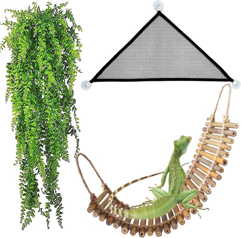 kathson Reptile Bridge for Terrarium,Bearded Dragon Wooden Bridges Gecko Hammock with Hanging Plants Lizard Lounger Bamboo Ladder Reptiles Tank Accessories Climbing for Chameleons Geckos Snakes (M) - Image 1