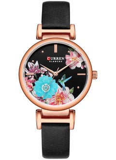 CURREN 9053 Leather Strap Watch, Beautiful Flower Design Wrist Watch for Women (Black)