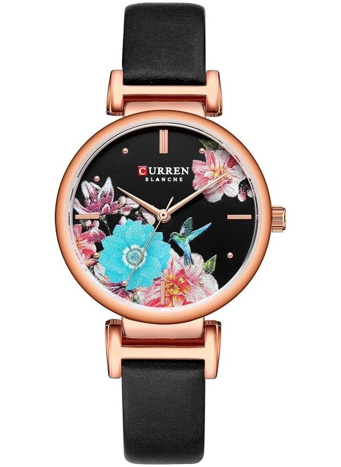 CURREN - CURREN 9053 Leather Strap Watch, Beautiful Flower Design Wrist Watch for Women (Black) - Image 1