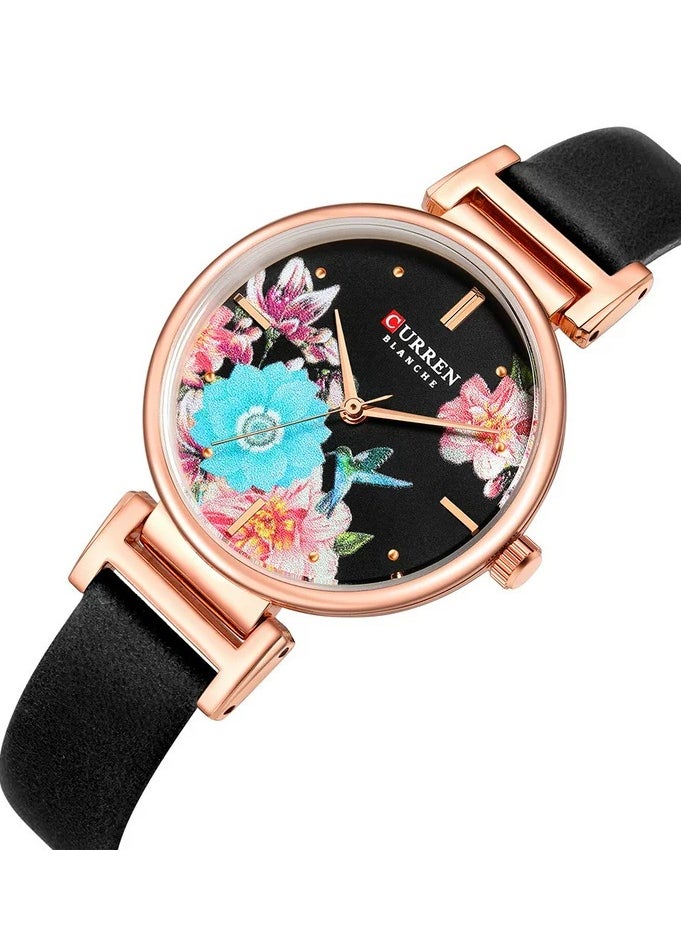 CURREN - CURREN 9053 Leather Strap Watch, Beautiful Flower Design Wrist Watch for Women (Black) - Image 1