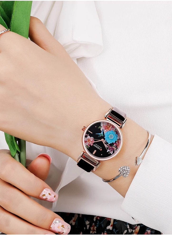 CURREN - CURREN 9053 Leather Strap Watch, Beautiful Flower Design Wrist Watch for Women (Black) - Image 1