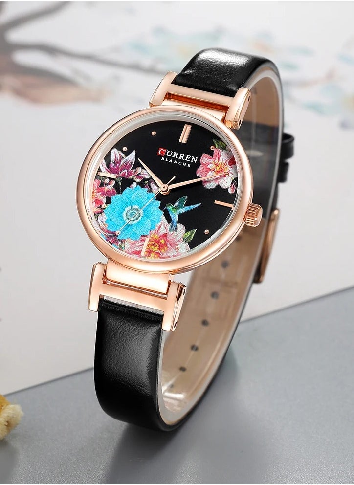 CURREN - CURREN 9053 Leather Strap Watch, Beautiful Flower Design Wrist Watch for Women (Black) - Image 1
