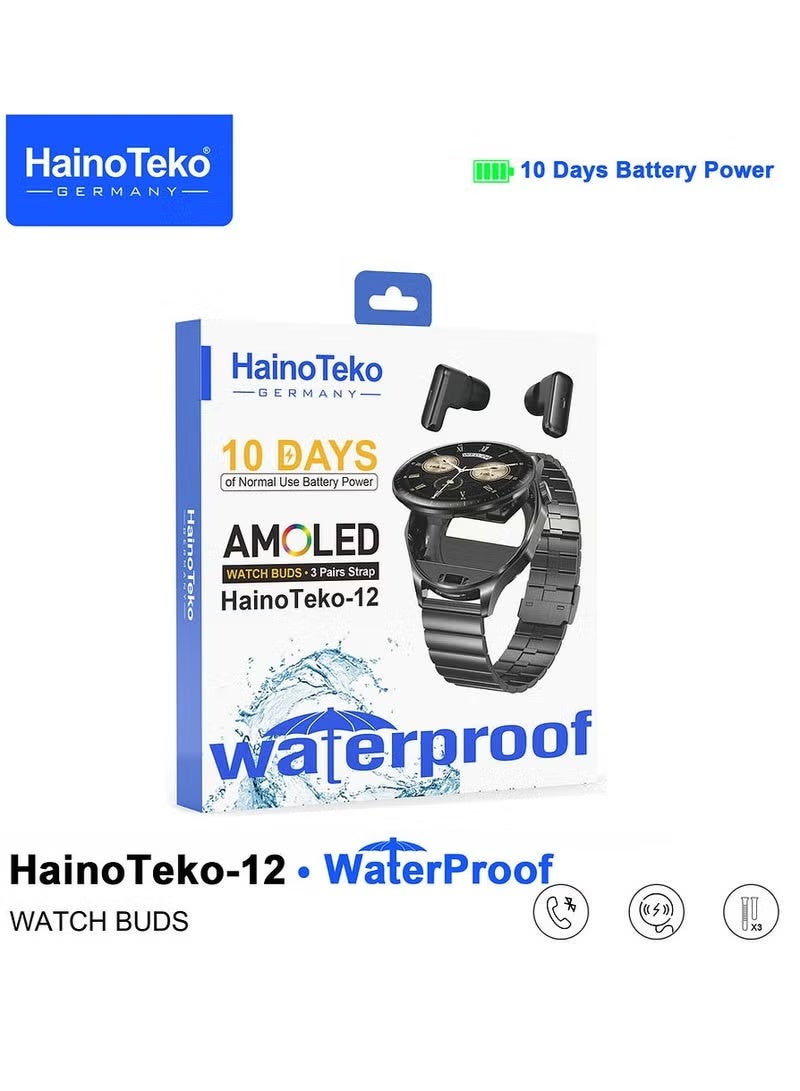 Haino Teko HainoTeko-12 Waterproof Smartwatch With Builtin Wireless Earbuds Large Screen AMOLED Display 3 Pair Straps and Charging Cable Designed for Men Black - Image 2
