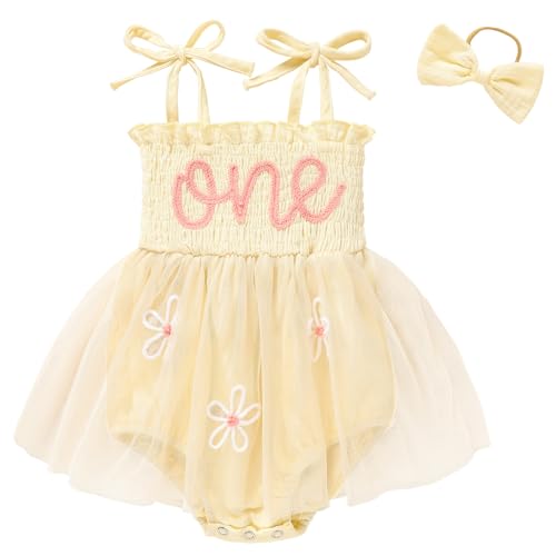TITKKOP Baby Girl 1st Birthday Clothes One Year Old Tulle Romper Sleeveless Bodysuit Cake Smash Outfits(Apricot,9-12M) - Image 1