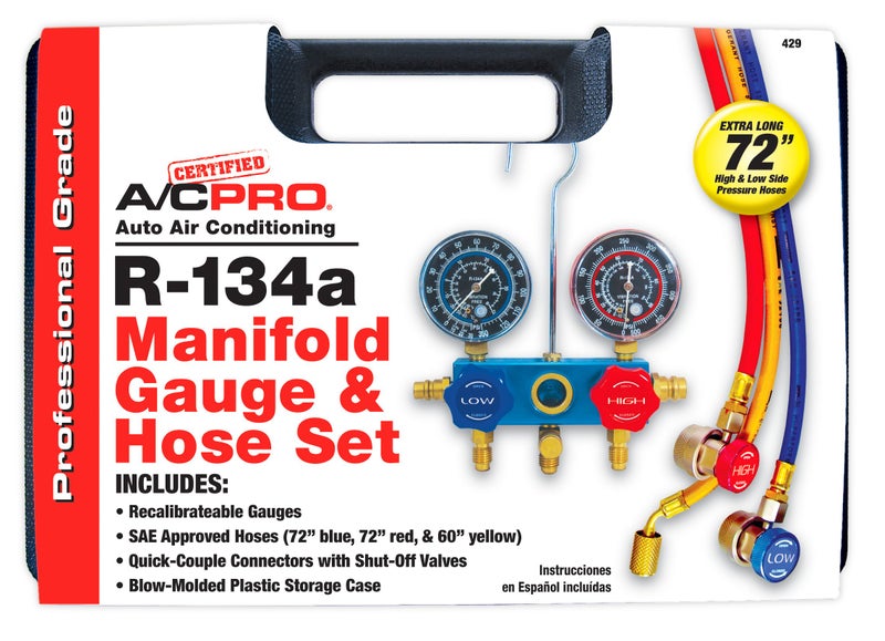 A/C Pro Certified A/C Pro Car Air Conditioner Hose and Manifold Gauge Set, Reuseable Set Checks Low and High Side Pressures for R134-A Refrigerant, Includes Hoses, InterDynamics - Image 2