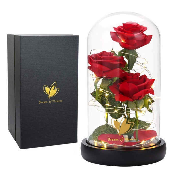 FLOWER GIFTS FOR WOMENBEAUTY AND THE BEAST ROSE IN GLASS DOME WITH 2 LIGHTS MODELIGHT UP ROSE ANNIVERSARY ROMANTIC GIFT FOR HERBIRTHDAY GIFTS FOR WOMENMOMWIFEGIRLFRIENDSILK RED ROSE GIFT