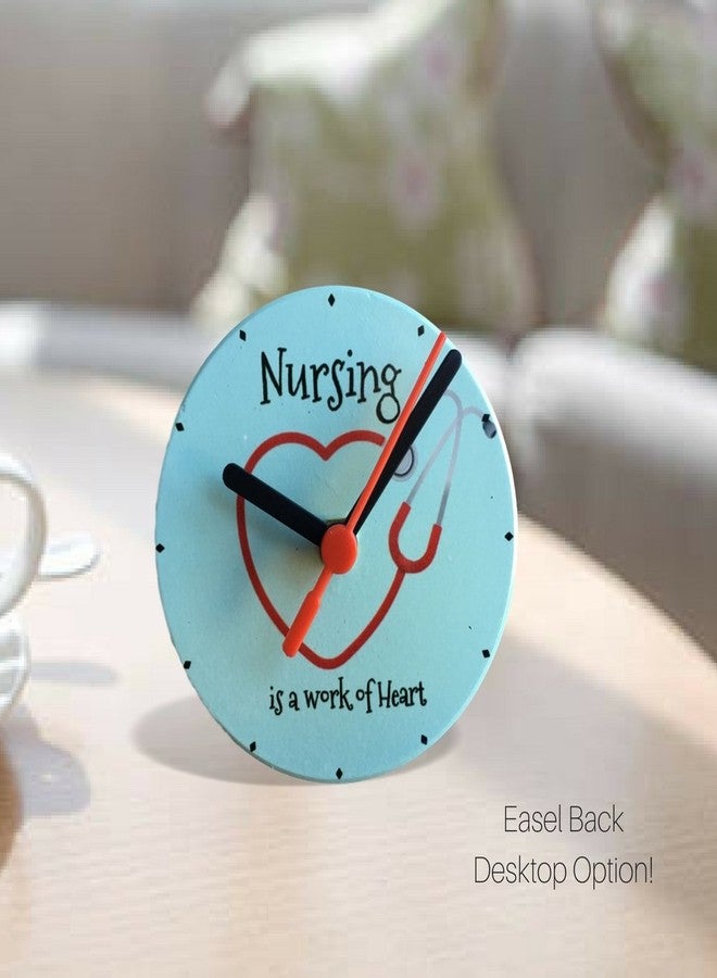 BANBERRY DESIGNS Desktop Clock for Nurse - Blue with Red Heart Stethoscope - Reads Nursing is a Work of Heart - Measures 4.25" D - Image 2