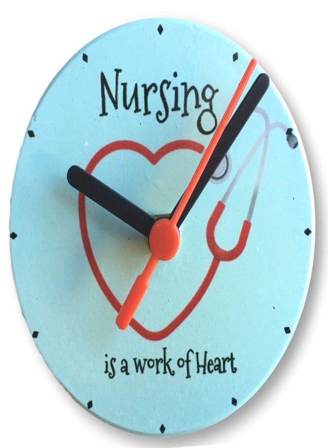 BANBERRY DESIGNS Desktop Clock for Nurse - Blue with Red Heart Stethoscope - Reads Nursing is a Work of Heart - Measures 4.25" D - Image 1