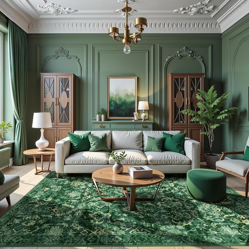 Deerly Dark Green Area Rugs 8x10 Rugs for Living Room, Traditional Washable Rugs for Bedroom Distressed Large Area Rug Living Room Rug Non Slip Rug Carpet for Dining Nursery - Image 3