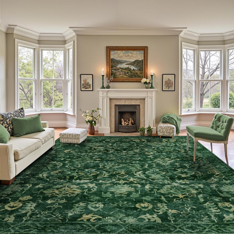 Deerly Dark Green Area Rugs 8x10 Rugs for Living Room, Traditional Washable Rugs for Bedroom Distressed Large Area Rug Living Room Rug Non Slip Rug Carpet for Dining Nursery - Image 1