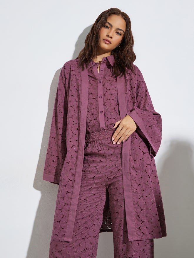 Styli Purple Schiffli Knee Length Kimono - Image 1