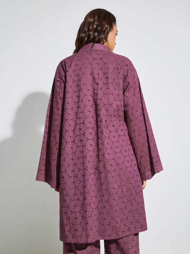 Styli purple Styli Purple Schiffli Knee Length Kimono for Women | Best Price UAE