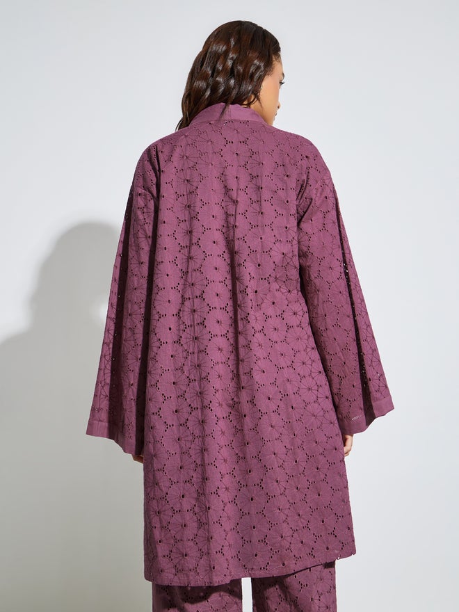 Styli Purple Schiffli Knee Length Kimono - Image 4