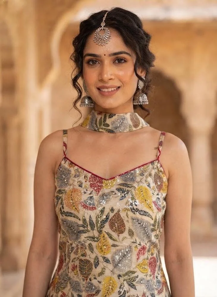 Viny VINY Ivory 3-Piece Sequin Printed Suit Set – Women's Indian Ethnic Wear