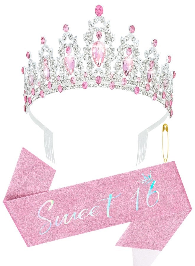 YARIEW Pink Sweet 16 Sash & Tiara - 16th Birthday Crown Set, Perfect for 16 Year-Olds - Image 1