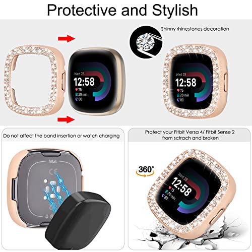 MOFREE Compatible for Fitbit Versa 4 BandsFitbit Sense 2 Bands Women with Hard Bling Bumper Protective Case Cover Dressy Jewelry Diamond Rhinestone Metal Wristband for Fitbit Versa 4Sense 2 Rose - Image 3