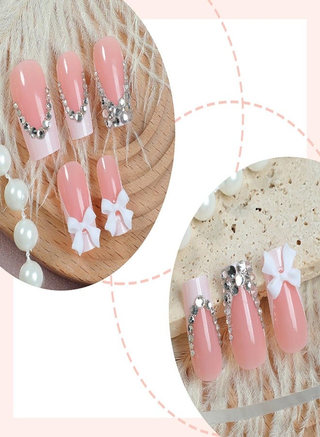 FDSQHSA 24 Pcs French Tip Press On Nails Long Coffin Almond Acrylic Full Cover Stick on Nails with Glitter Rhinestones Designs White Bow False Nails for Women Nail Art Decoration - Image 2