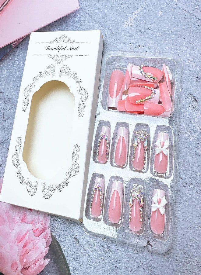 FDSQHSA 24 Pcs French Tip Press On Nails Long Coffin Almond Acrylic Full Cover Stick on Nails with Glitter Rhinestones Designs White Bow False Nails for Women Nail Art Decoration - Image 5