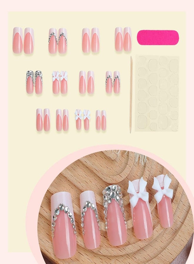 FDSQHSA 24 Pcs French Tip Press On Nails Long Coffin Almond Acrylic Full Cover Stick on Nails with Glitter Rhinestones Designs White Bow False Nails for Women Nail Art Decoration - Image 3
