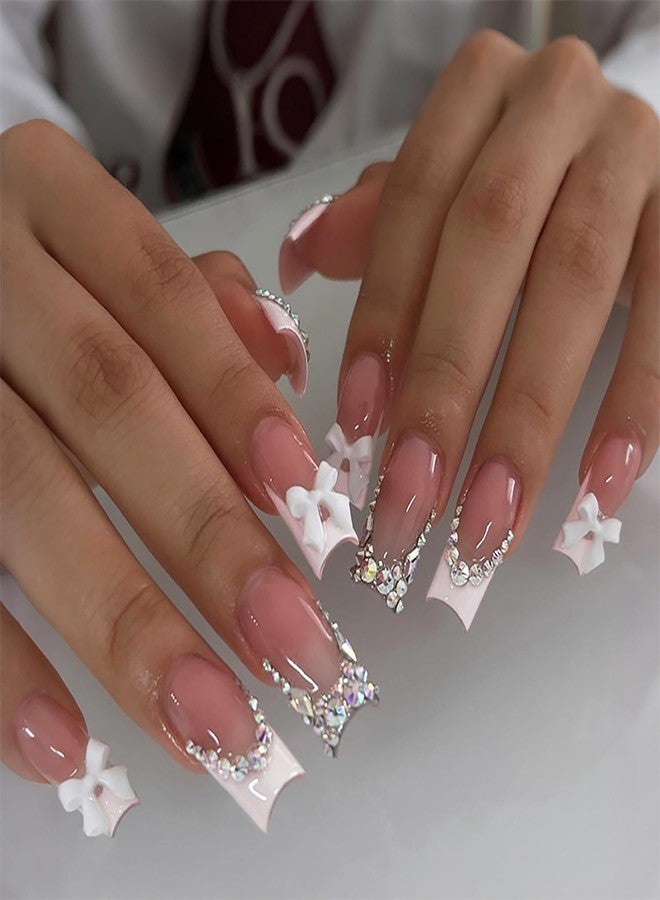 FDSQHSA 24 Pcs French Tip Press On Nails Long Coffin Almond Acrylic Full Cover Stick on Nails with Glitter Rhinestones Designs White Bow False Nails for Women Nail Art Decoration - Image 1