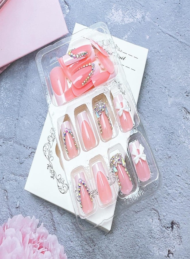 FDSQHSA 24 Pcs French Tip Press On Nails Long Coffin Almond Acrylic Full Cover Stick on Nails with Glitter Rhinestones Designs White Bow False Nails for Women Nail Art Decoration - Image 4