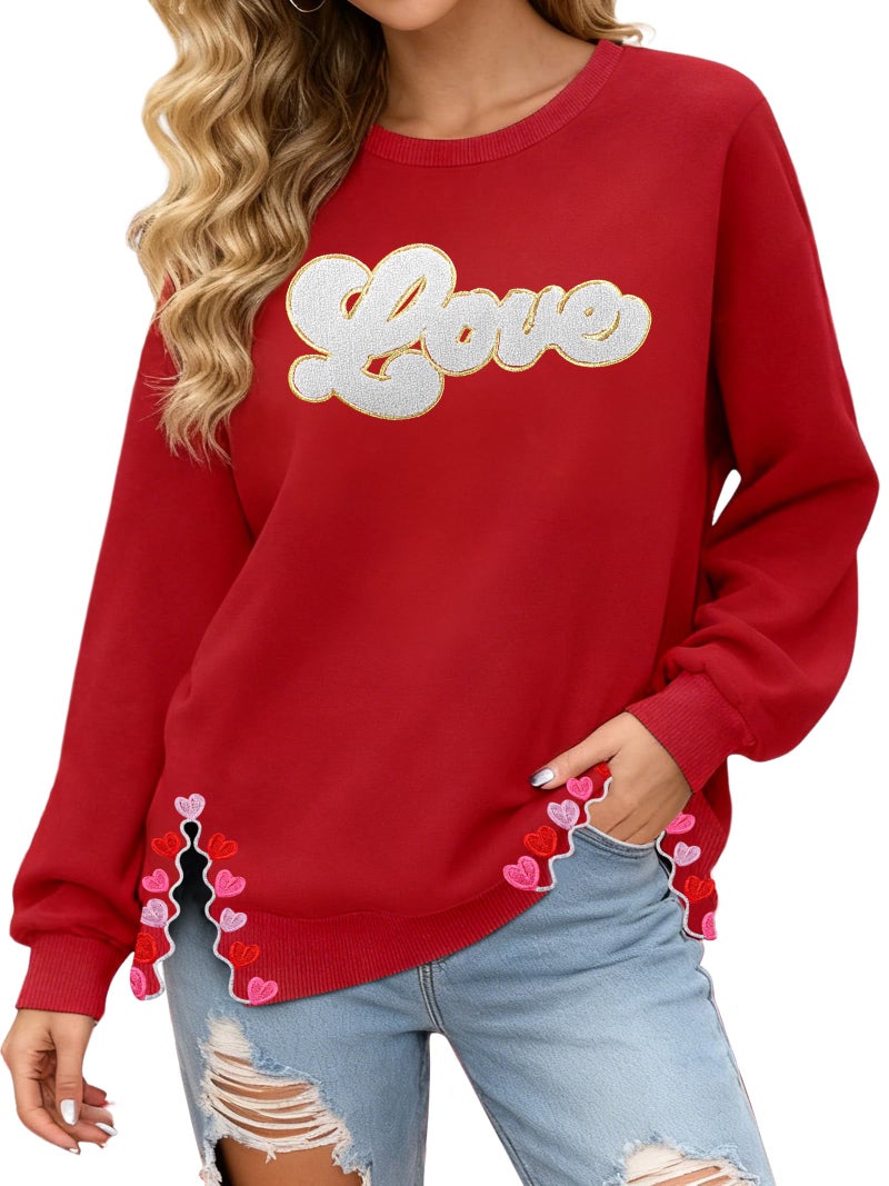 PECHAR Valentine Sweatshirts Women Love Valentines Shirts Embroidered Crewneck Long Sleeve Tops With Side Heart Applique - Image 1
