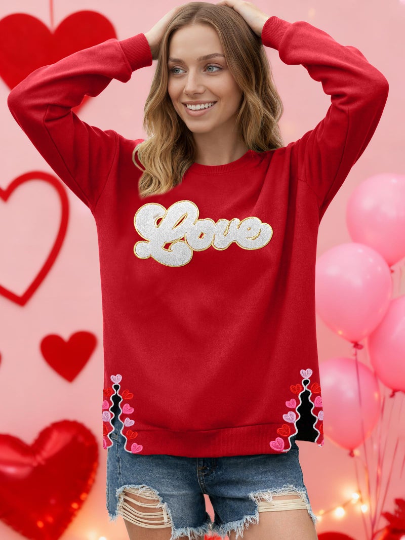 PECHAR Valentine Sweatshirts Women Love Valentines Shirts Embroidered Crewneck Long Sleeve Tops With Side Heart Applique - Image 4