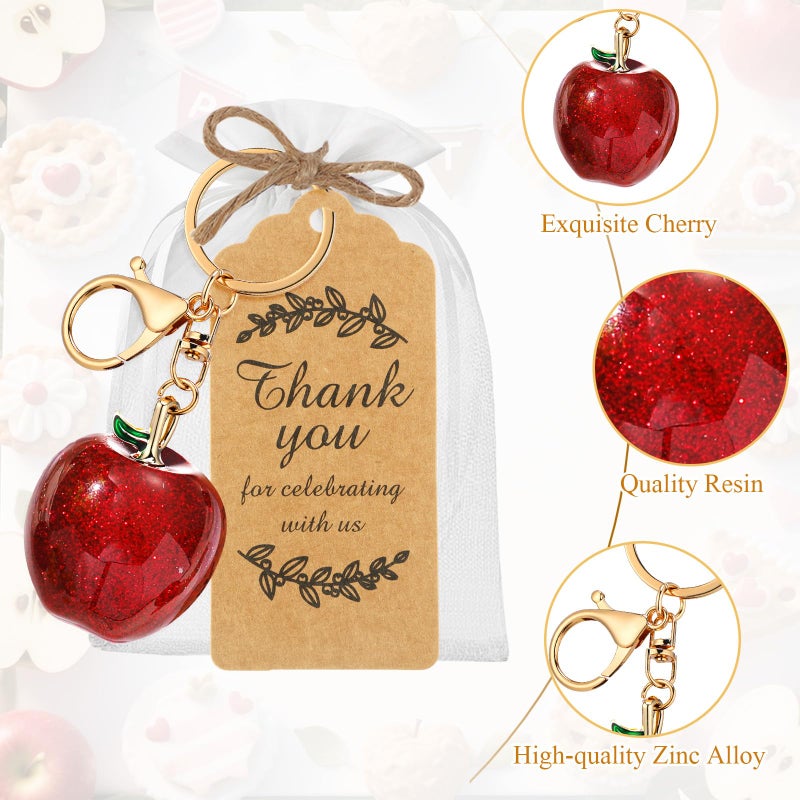 Ecation 12 Set Apple Keychain Party Favor Bulk Steel Red Fruit Keyring Charm Accessories Kraft Tag Organza Bag for Teacher Guest Baptism Bridal Baby Shower Valentine Wedding Back to Shool Gift - Image 3