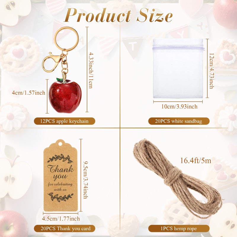 Ecation 12 Set Apple Keychain Party Favor Bulk Steel Red Fruit Keyring Charm Accessories Kraft Tag Organza Bag for Teacher Guest Baptism Bridal Baby Shower Valentine Wedding Back to Shool Gift - Image 2