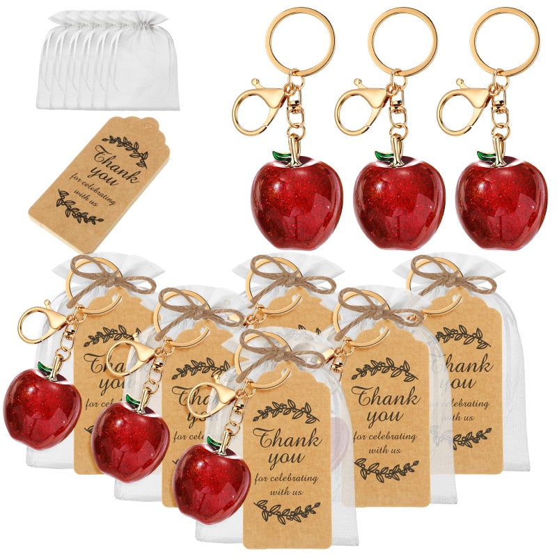 Ecation 12 Set Apple Keychain Party Favor Bulk Steel Red Fruit Keyring Charm Accessories Kraft Tag Organza Bag for Teacher Guest Baptism Bridal Baby Shower Valentine Wedding Back to Shool Gift - Image 1